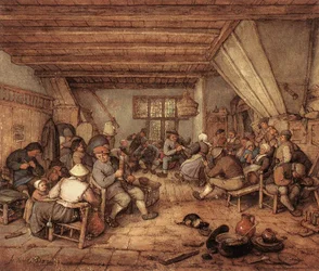 Paysans dansant, buvant et jouant de la musique dans une auberge